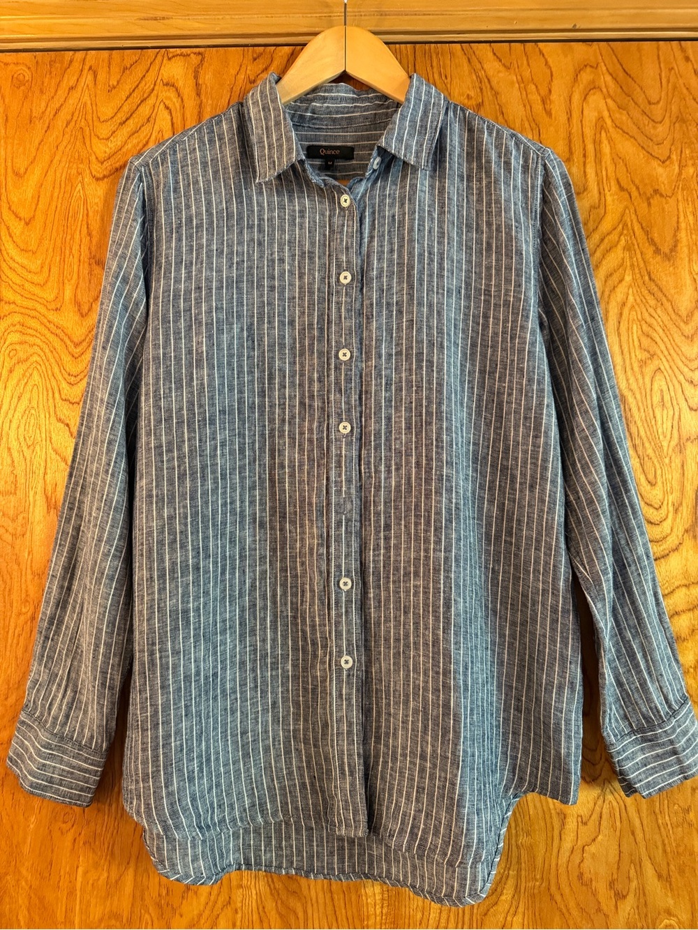 Quince Linen Blue and White Striped Button-Down Shirt in 100% European Linen
